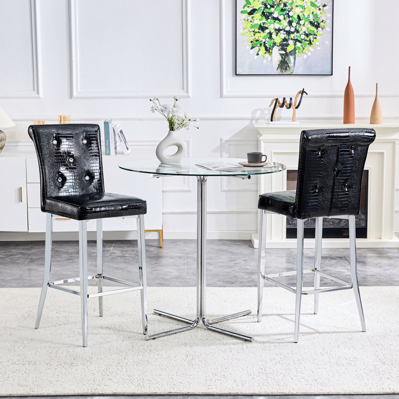 Tabouret de bar moderne rembourré en similicuir avec base en métal, Noir, Chrome chrome