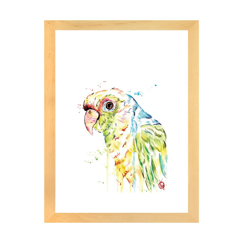 «Parrot» par Lisa Whitehouse - impression d'art graphique, Papier encadré de bois naturel, Blanc, H 32 po x l 24 po x P 1 po