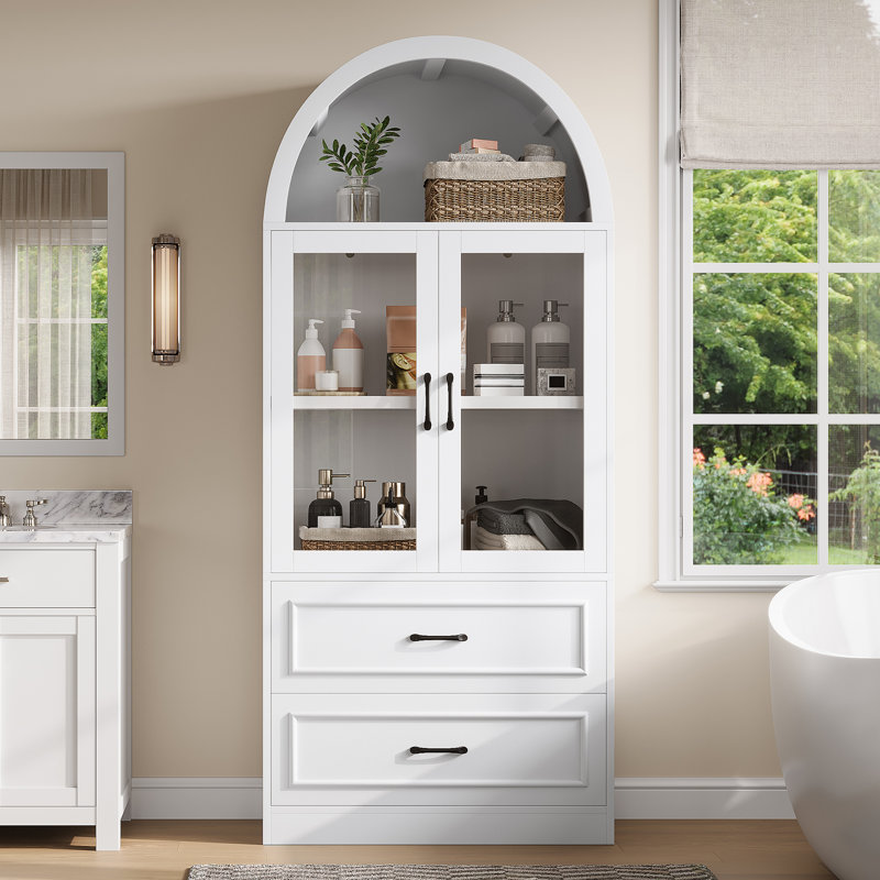 Armoire de rangement néo-classique arquée avec portes en verre trempé et tablettes fixes Fleeton, White, 2