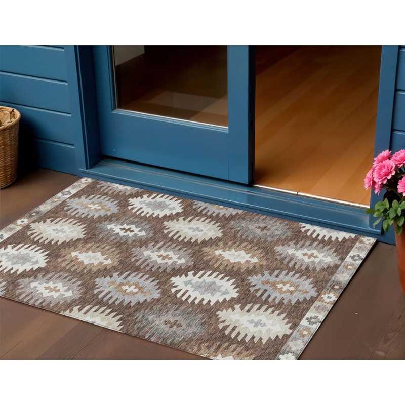 3' X 5' Brown Ivory And Taupe Southwestern Washable Indoor Outdoor Area Rug