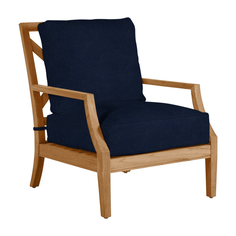 Haley Teak Patio Chair with Cushions, Indigo Velvet, Natural Teak, No welt + Standard fill