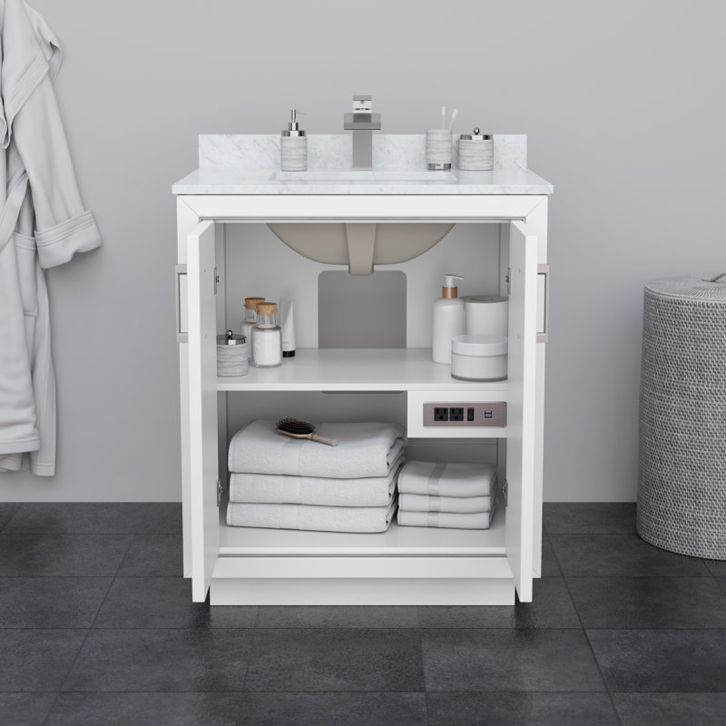 Icon 30" White Marble Single Bathroom Vanity with Brushed Nickel Trim