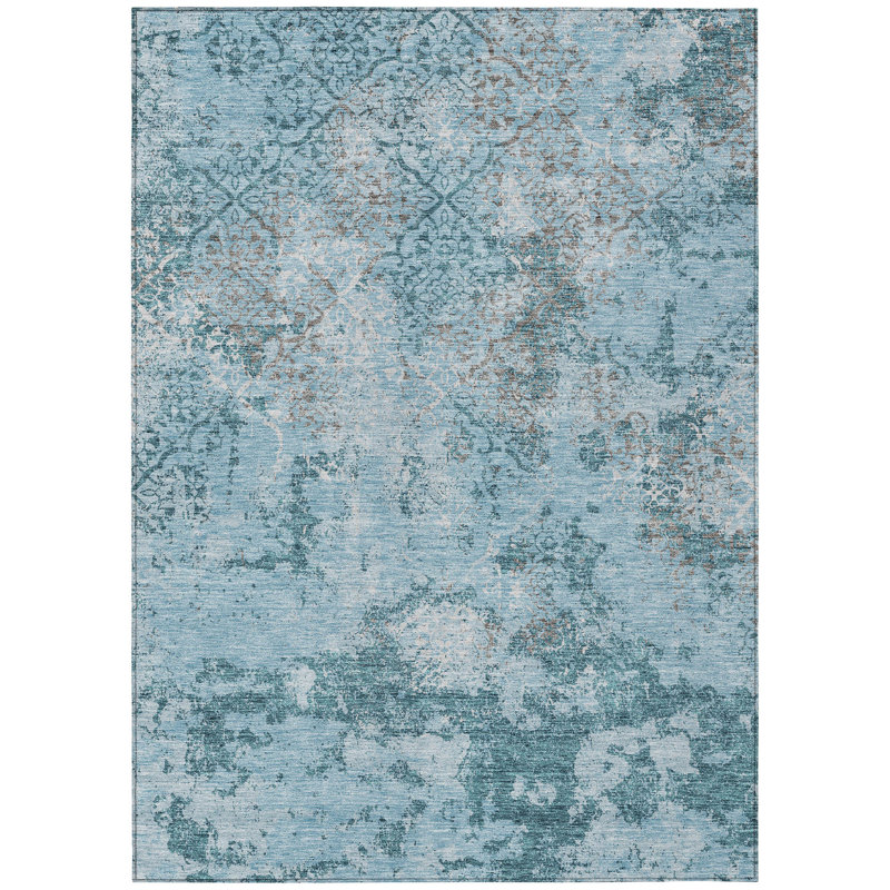 Tapis extérieur lavable floral bleu sarcelle 10 pi x 14 pi bleu turquoise et gris