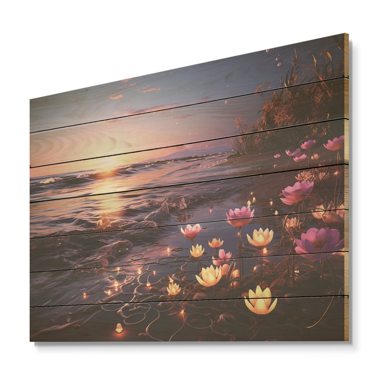 «Sunset Floral Beach Flourish III» - Reproduction de plage sur bois, H 34 po x l 44 po x P 0,78 po
