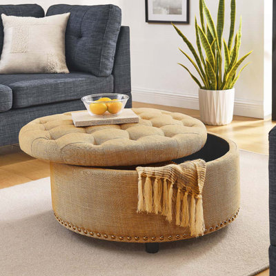 Tufted Storage Ottoman with Nailhead Trim, Durable Linen Upholstery, and Versatile Functionality for Living Rooms and Bedrooms
