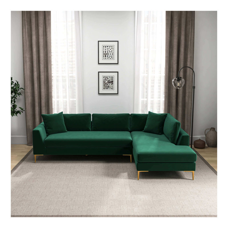 Canapé modulaire en velours en L Mano en vert faisant face à la droite