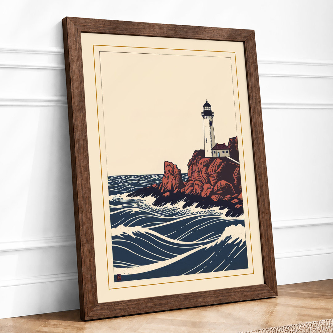 Lighthouse in Turbulent Seas Coastal - Framed Print