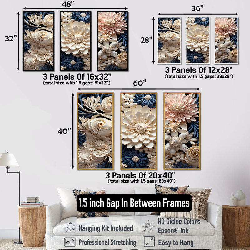 Ensemble de décorations murales corail blanc et bleu, Cadre flottant noir, H 32 po x l 48 po x P 1 po