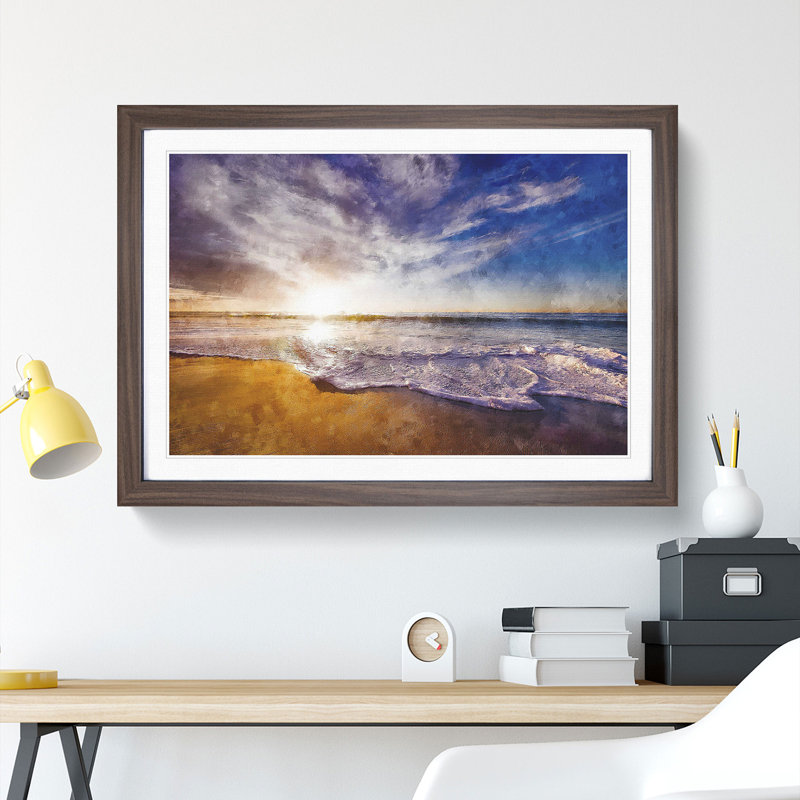 Sunset over a Californian Beach - Picture Frame Painting, 27cm H x 36cm W x 2cm D, Walnut Framed