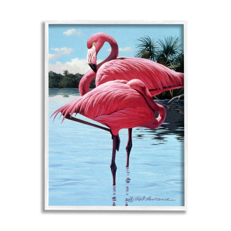 «Flameos Balancing on Shore» par Rod Lawrence, reproduction de photo sur toile, Giclée encadrée blanc bord de mer