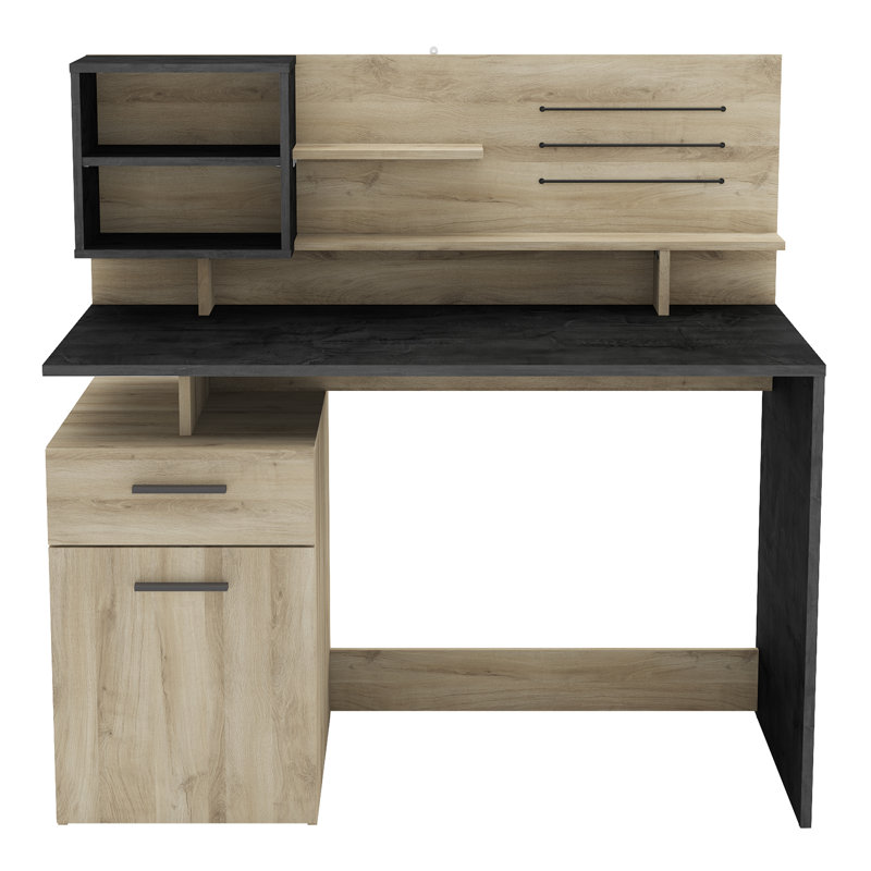 Senovio 122Cm Rectangle Writing Desk with Hutch Storage, Black;Oak