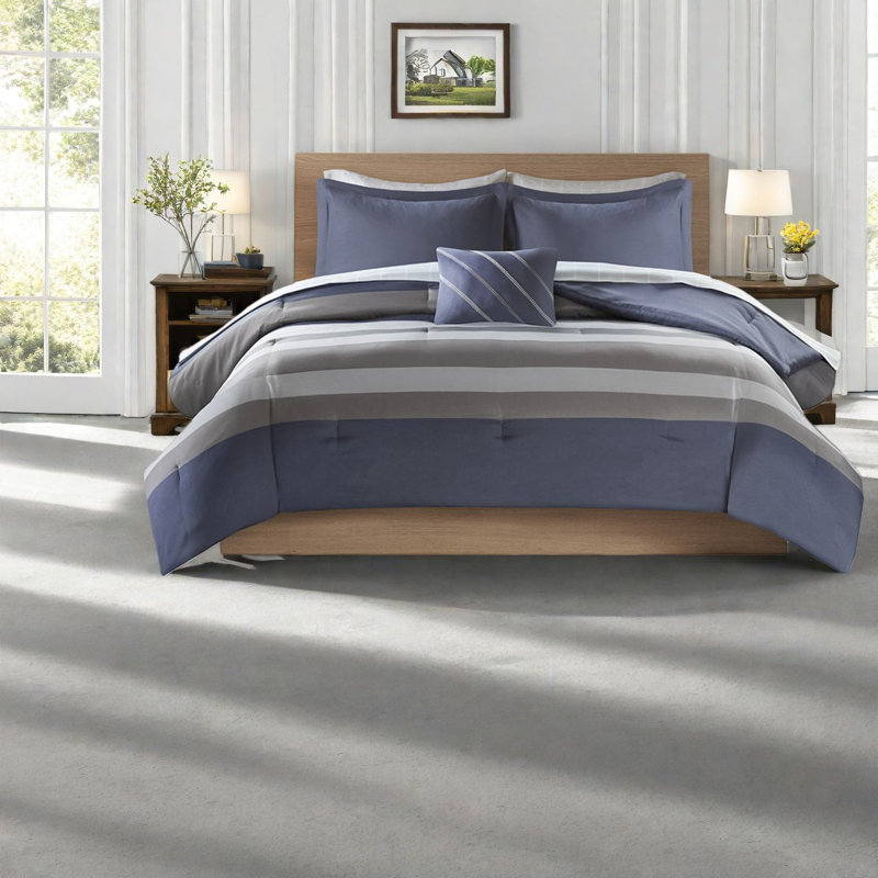 Complete Twin Bedding Sets, Polyester Blue Grey Striped Modern Home