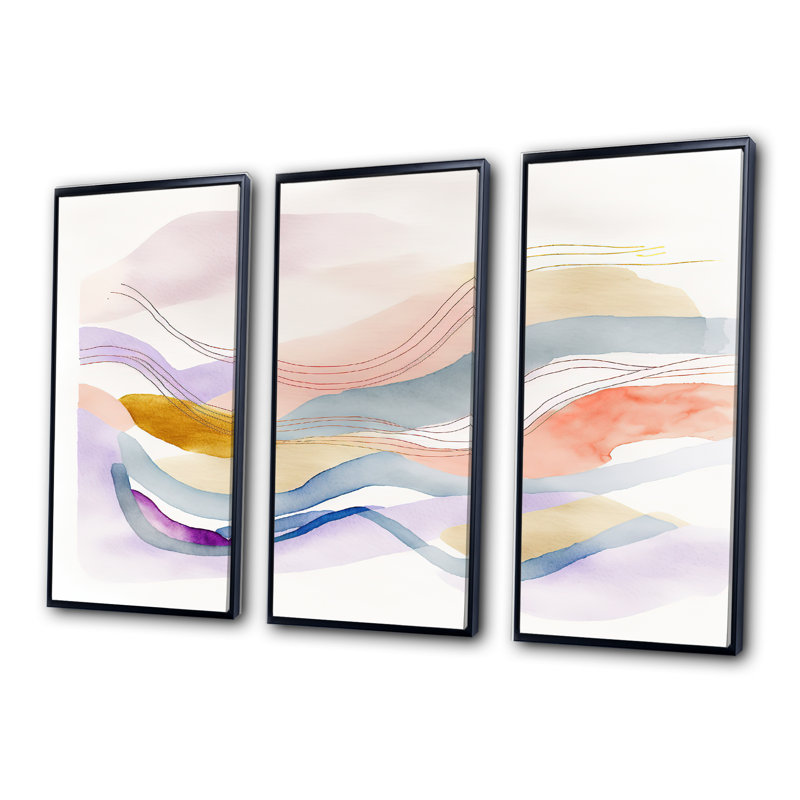 «Vibrant Pastel Abstract Waves», ensemble d'art mural moderne sur toile, Cadre noir, 28" H x 36" W x 1" D