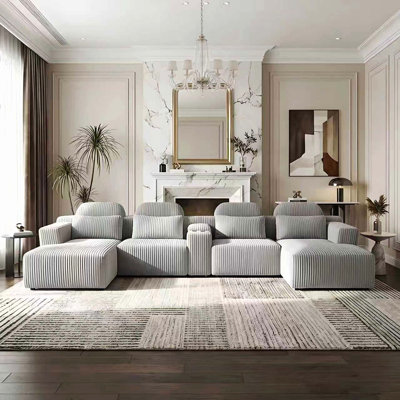 Modern 145.7 Inch / 370cm Extra Large Gray Velvet U-Shaped 3-Piece Sectional Sofa with Chaise & Cup Holders, Ideal for Home Theater, Family Room & Luxury Living Area