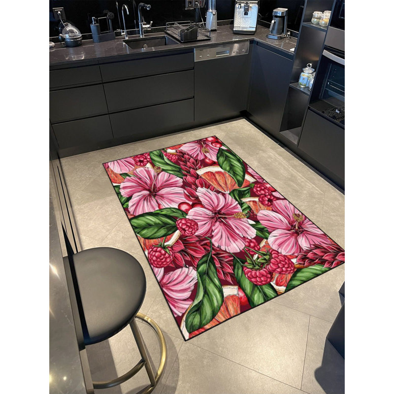 Tapis rose lavable à motif décoratif, Sous-tapis rond 3 pi 3 po inclus
