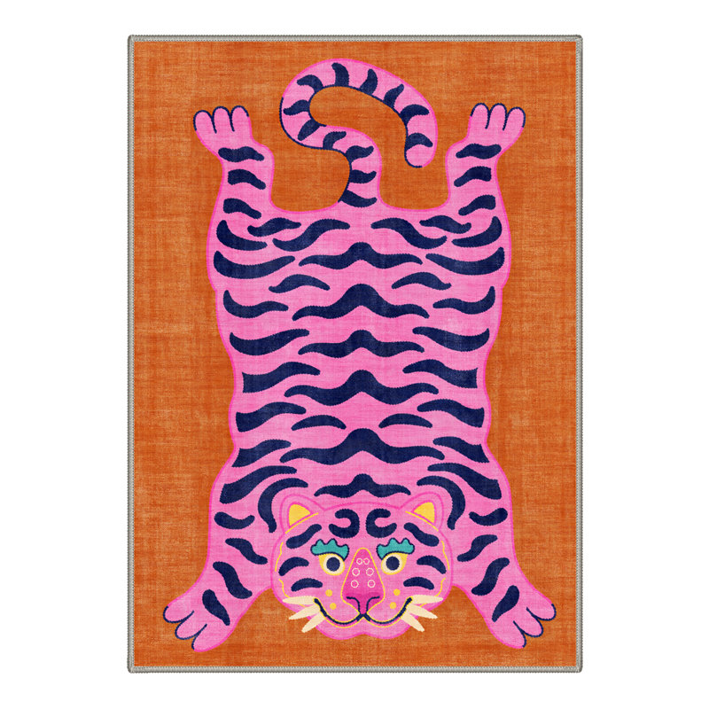 Tigris Animal Print Machine Washable Red / Pink Area Rug Indoor with Non-Slip Backing, Round 5'
