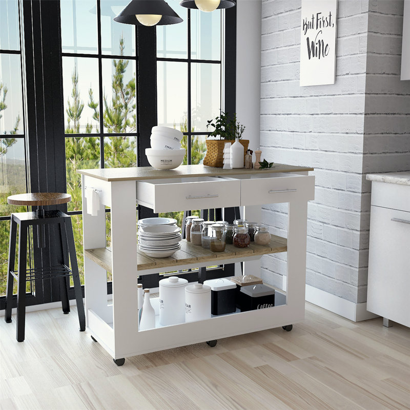 Îlot de cuisine polyvalent avec de nombreuses options de rangement et de mobilité, Blanc / Chêne clair
