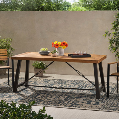 Table de jardin, dessus en bois, piètement en métal thermolaqué, fini moderne et industriel, 178 x 84 x 75 cm, aspect et design exotiques, 178 cm de largeur, 81 cm de profondeur, 75 cm de hauteur.