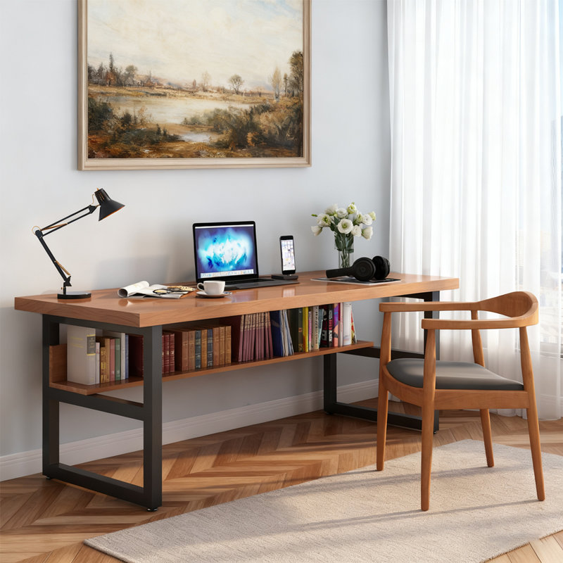 Brown + Black Rectangular Solid Wood desk, 29.53" H x 55.12" W x 27.56" D