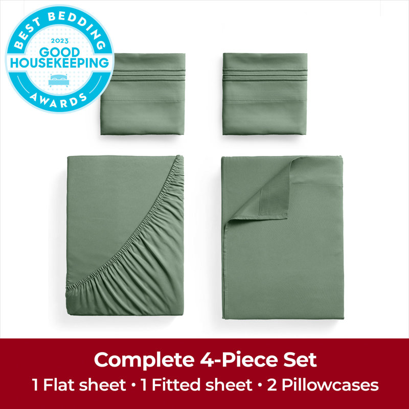 Ensemble de draps Mellanni 1800, Sauge, Ensemble de draps pour lit double avec 2 taies d'o