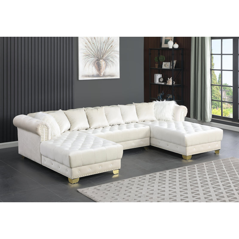 Florestan Velvet U-Shaped Sectional Symmetrical, Cream Velvet, Gold