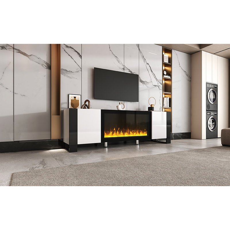 Meuble télé avec foyer 34,3 po, centre de divertissement blanc ultrabrillant pour téléviseur de 78 po, minimaliste moderne avec 2 armoires