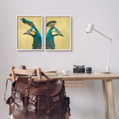 Teal Peacock Portraits Framed On Wood 2 Pieces Print -  Stupell Industries, a2-616_wfr_2pc_11x14