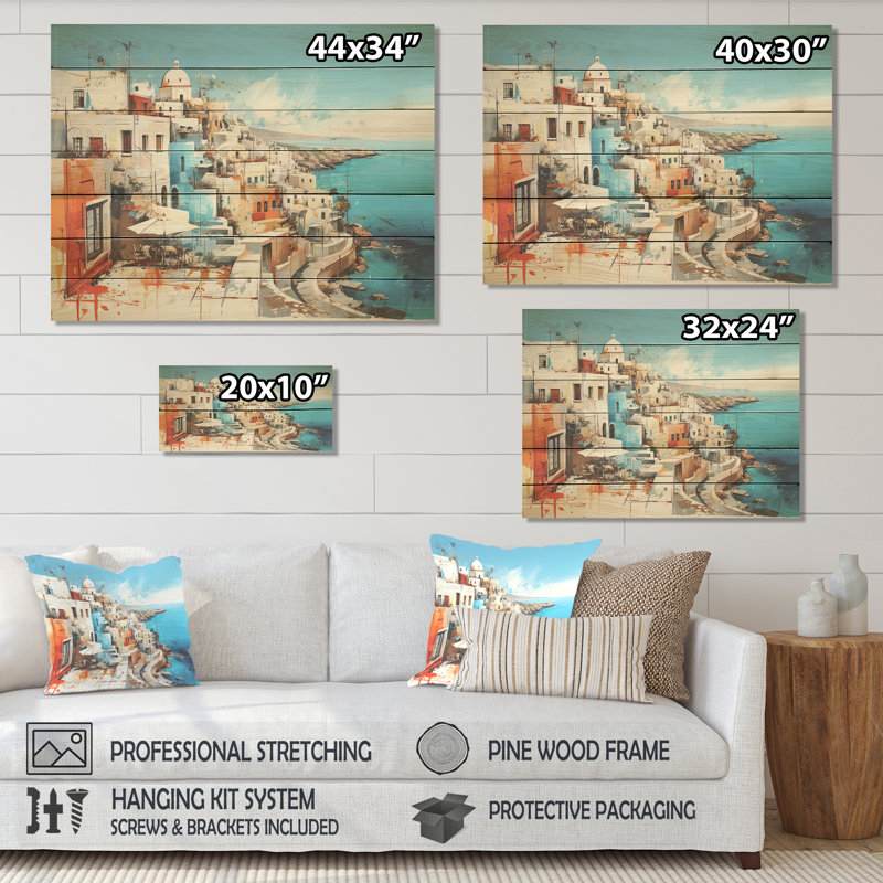 Multicolore Santorini Grèce II - Santorin sur bois, H 10 po x l 20 po