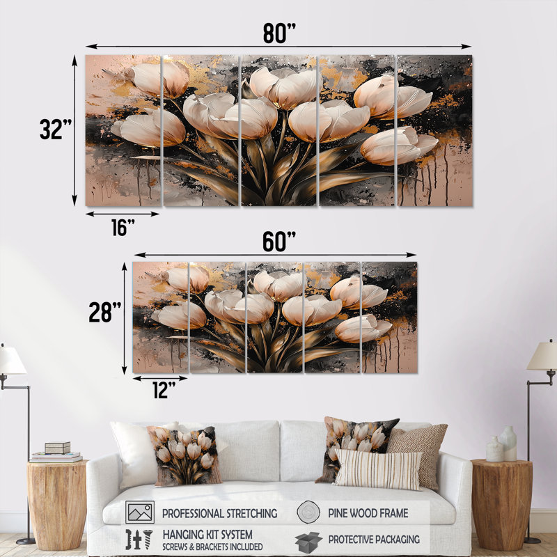 Tulipes roses et dorées matinales I - décoration murale - art mural traditionnel 5 pièces, H 32 po x l 80 po