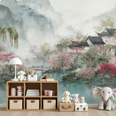 Peel and Stick Wall Mural Dynamic Chinese Landscape Waterfalls Shrubs Graceful Peacocks 69"H x 96"W Self-Adhesive PVC Wallpaper for Bedroom Home Offic