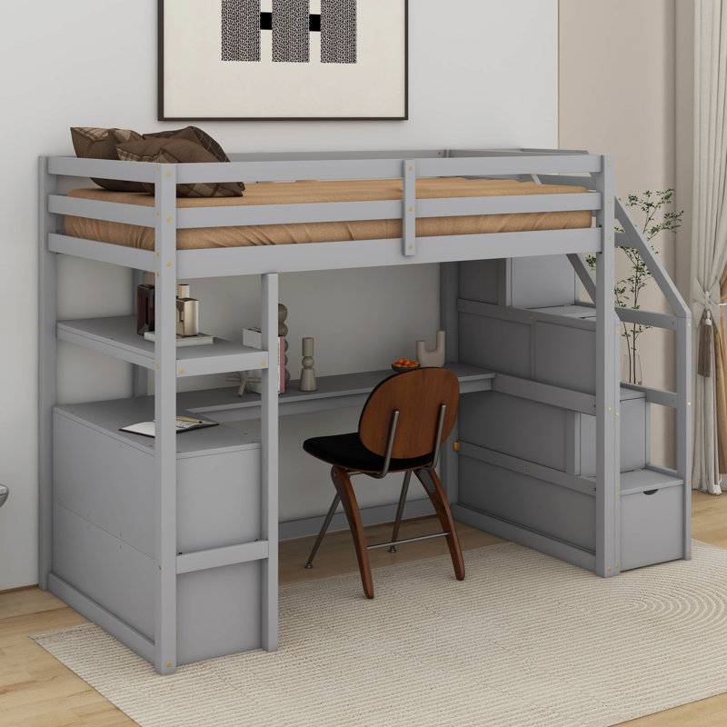 Lit mezzanine simple avec bureau et tablettes, Gris