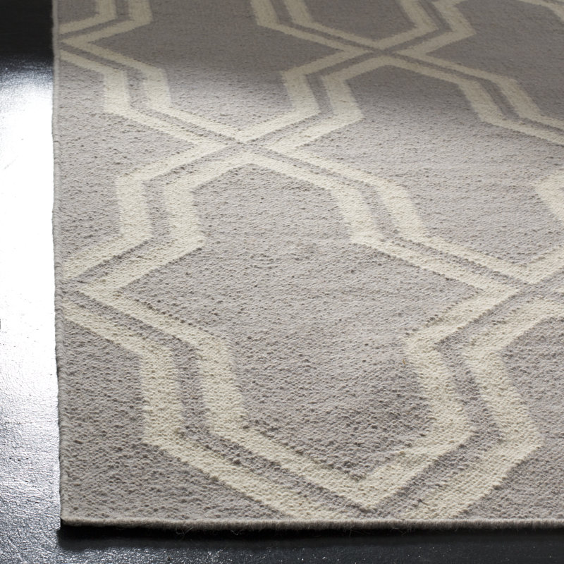 Rodgers Hand Woven Flat Weave Wool/Cotton Geometric Rug in Gray/Ivory, Square 8'