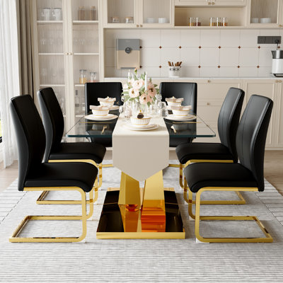 Ensemble de table de salle à manger moderne en verre trempé avec base en forme de V doré et chaises en cuir de polyuréthane, ensemble de table de salle à manger de luxe