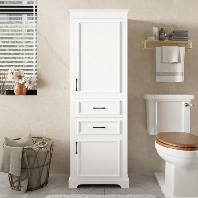71-Inch Tall Freestanding Bathroom Vanity With Damping-Hinge Doors And Drawers, Featuring A Modern Elegant Design. Includes Adjustable Shelves, A Fixed Shelf, And Space-Saving Storage.