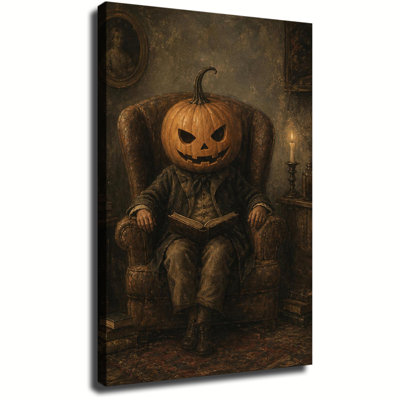 Tête de citrouille, homme lisant un livre dans un fauteuil rétro avec étude aux chandelles, art mural sur toile rustique d'Halloween