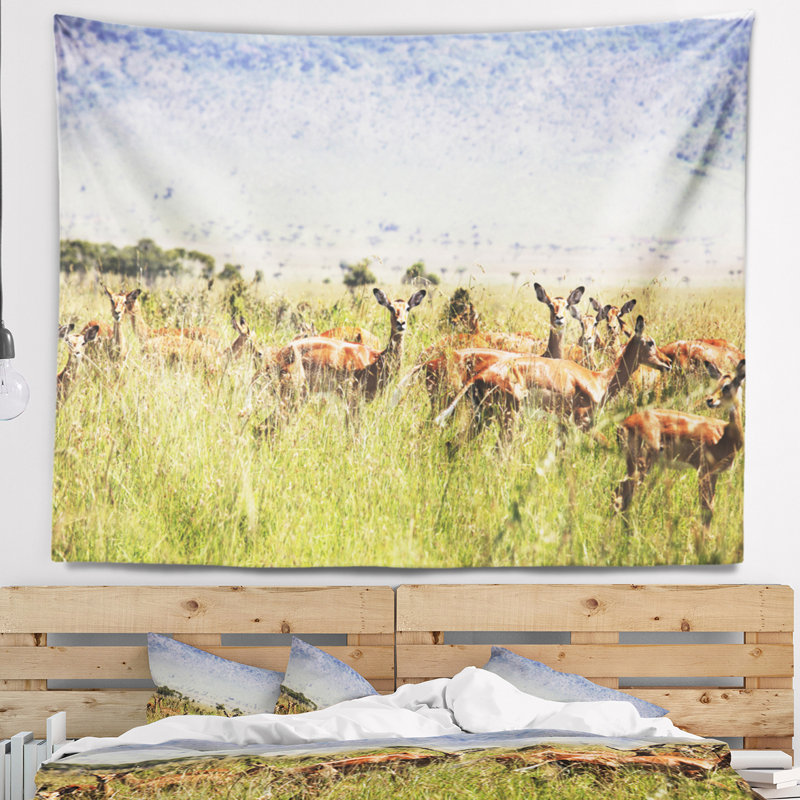 Antilope de tapisserie en gazon africain landscape, H 32 po x l 39 po