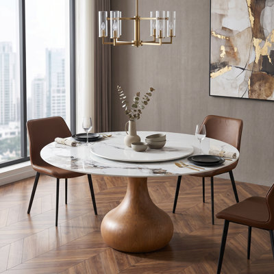 59" Round Sintered Stone Modern Marble Dining Table with 360° Rotating Lazy Susan, American Luxury Oak Frame for Dining Room Kitchen, Table Only