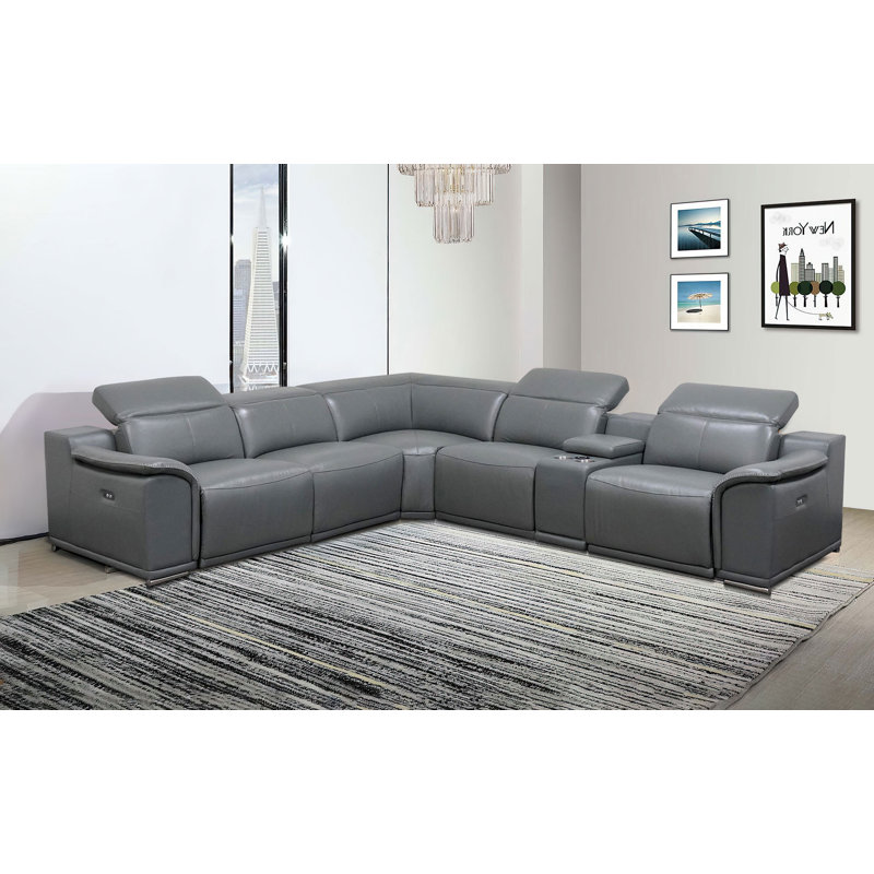 Zika 7PCS Modern Motion Reclining Sectional Sofa, Dark Gray Genuine Leather