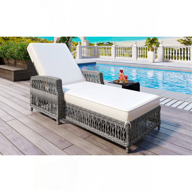 Outdoor Long Reclining Chaise, Wicker Lounge With Armrests, Patio Adjustable Recliner With Soft Removable Cushions, All Weather Rattan Pool Lounge For Poolside & Garden, Beige