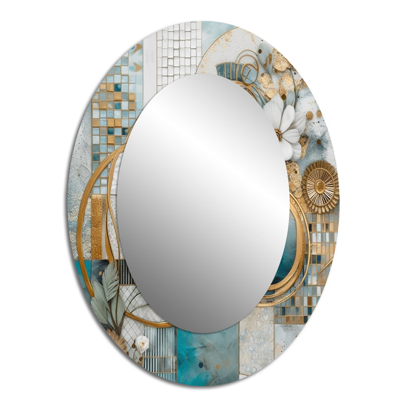 Golden Blue Mosaic Floral Design II - Large Oval Wall Mirror On Metal, 40" x 30"