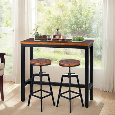 3-Piece Table & Chairs Set For Home Bar Dining Cafe Pub Party Bistro, Industrial-Style Furniture Set, Rectangular Table & 2 Swivel Adjustable Barstools, Bar Height, Black & Brown, Metal & Wood