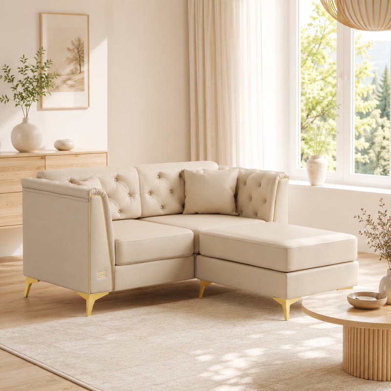 Canapé modulaire en similicuir Riner avec capitonnage à boutons et garniture en métal Riner, Beige White