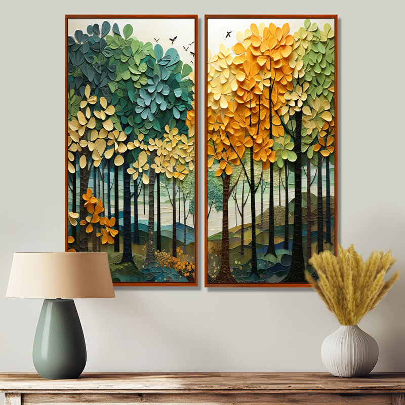 «Orange Green Trees», reproduction sur toile, H 32 po x l 32 po, Reproduction encadrée sans passe-partout, Brun