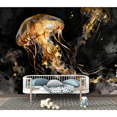 Adhésif décoratif aquarelle de méduse dorée - autocollant décoratif corail autocollant sous-marin océan