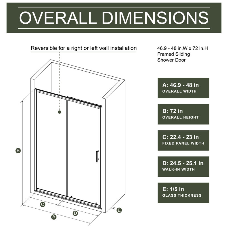 72.In H X 48.In W Shower Door - Tempered Glass, Black Handle, Adjustable, & Construction Matt Adjustable Durability