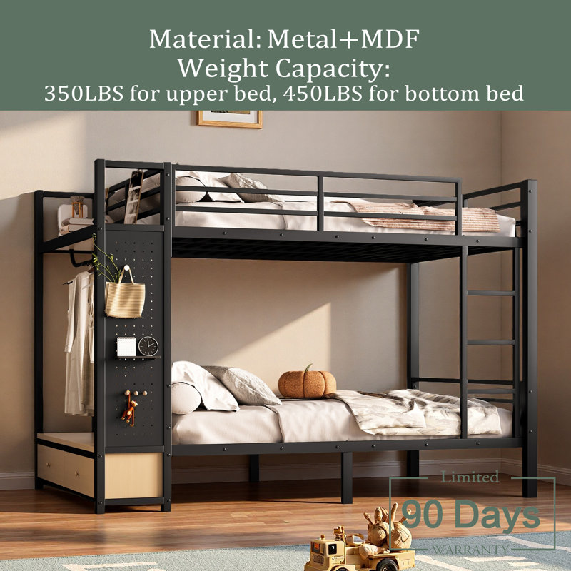 Metal Bunk Bed For Teens With Storage Shelves ,Drawers And Pegboard, Full over Full