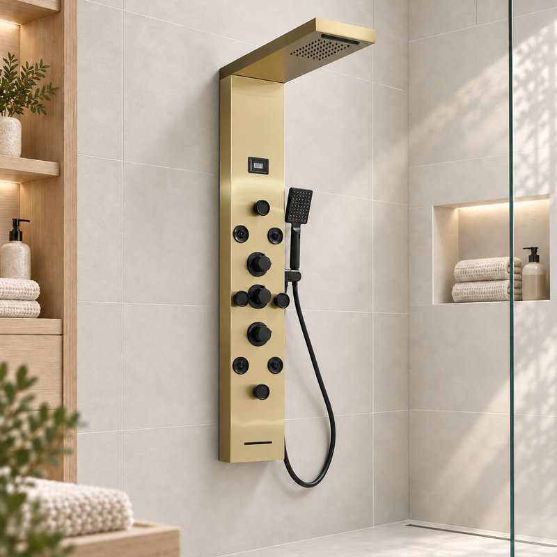 Colonne de douche de 132 cm (52 ​​pouces), inverseur 6 voies en acier inoxydable avec pommeau de douche effet pluie, jets de massage corporel, douchette et indicateur de température numérique