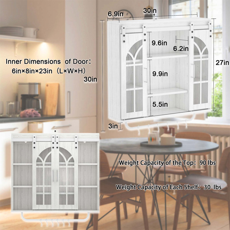 Armoire de rangement murale rustique en bois, porte de grange coulissante, style campagne rétro à 3 niveaux, blanc