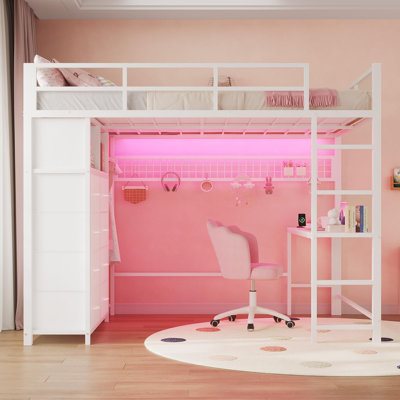 Lit mezzanine avec bureau et 8 tiroirs de rangement, lit mezzanine en métal avec lumières à DEL et station de charge, tablettes de rangement, barrière de sécurité et échelle de H 13,1 po, aucun sommier tapissier requis
