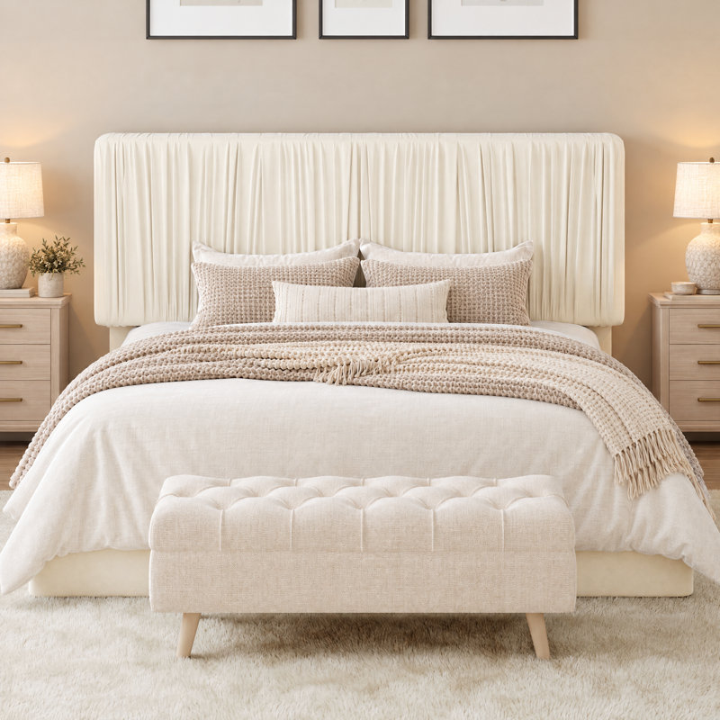 Lit plateforme entièrement rembourré en velours avec tête de lit réglable, aucun sommier nécessaire, Très grand lit, Crème